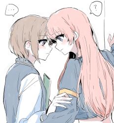... 2girls ? bang_dream! bang_dream!_it&#039;s_mygo!!!!! blue_jacket blush brown_eyes brown_hair chihaya_anon closed_mouth commentary cropped_jacket forehead-to-forehead grey_eyes hashtag-only_commentary heads_together jacket long_hair long_sleeves misumi_suki multiple_girls pink_hair short_hair spoken_ellipsis spoken_question_mark takamatsu_tomori upper_body white_background yuri