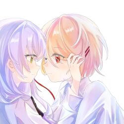 2girls blonde_hair face-to-face glasses green_eyes grey_hair hair_ornament hair_over_one_eye hair_over_shoulder hairclip heaven_burns_red izumi_yuki_(heaven_burns_red) kayamori_ruka long_hair long_sleeves low-tied_long_hair multiple_girls necktie red_eyes round_eyewear shirt short_hair shuangli white_background white_shirt yuri