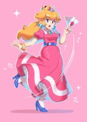 1girl belt blonde_hair blue_belt blue_eyes bracelet breasts crown dress earrings gold_bracelet high_heels highres holding holding_letter jewelry letter lipstick long_hair looking_at_viewer makeup mario_(series) medium_breasts nintendo open_mouth pantyhose pink_dress ponytail princess_peach saiwo_(saiwoproject) short_sleeves simple_background smile solo sphere_earrings teeth white_pantyhose