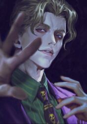 1boy blonde_hair business_suit cheekbones collared_shirt commentary_request diamond_wa_kudakenai formal_clothes green_shirt highres jacket jojo_no_kimyou_na_bouken kira_yoshikage looking_at_viewer lu_cy_6 male_focus necktie parted_lips pinstripe_pattern pinstripe_shirt portrait purple_eyes purple_jacket purple_necktie shirt short_hair smile solo striped_clothes striped_shirt suit teeth upper_body white_shirt