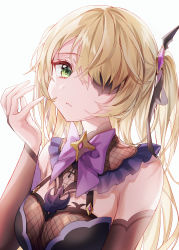 1girl absurdres bare_shoulders black_dress black_gloves blonde_hair blush breasts dress elbow_gloves eyepatch fischl_(genshin_impact) genshin_impact gloves green_eyes hair_ornament hand_up highres huge_filesize long_hair looking_at_viewer medium_breasts nagul parted_lips solo two_side_up upper_body