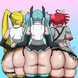 3girls ahoge akita_neru anger_vein aqua_hair arm_around_waist artist_request ass black_skirt black_sleeves black_thighhighs blonde_hair cellulite clothes_lift detached_sleeves drill_hair from_behind gnome_(gnome_69k) gradient_background grey_shirt hair_ribbon hair_tie hair_tubes hatsune_miku huge_ass kasane_teto long_hair long_twintails multiple_girls no_panties pinching red_hair ribbon shirt side_ponytail skirt skirt_lift sleeveless sleeveless_shirt standing sweat thigh_strap thighhighs twin_drills twintails utau vocaloid white_ribbon white_shirt wide_hips