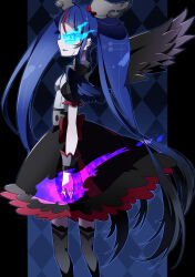 1girl absurdres argyle_background artist_name black_dress black_wings blue_background blue_eyes blue_hair boots bow cure_sky cure_sky_(dark) cut_bangs dark_persona dress dress_bow earclip fingerless_gloves frilled_dress frills from_side frown gloves glowing glowing_eyes glowing_fist grey_dress grey_gloves grey_thighhighs hair_ornament highres hirogaru_sky!_precure long_hair looking_at_viewer magical_girl medium_dress multicolored_dress multicolored_hair open_mouth pale_skin pixiv_username potacure precure puffy_short_sleeves puffy_sleeves red_boots red_dress red_hair short_sleeves single_wing solo sora_harewataru standing streaked_hair sweat thighhighs twintails twitter_username very_long_hair wing_hair_ornament wings
