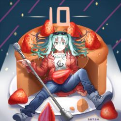 1girl aqua_eyes asagi_jin black-framed_eyewear black_bra blue_pants bra bra_strap cake closed_mouth commentary_request dated denim earrings eyewear_on_head female_focus food fruit hair_between_eyes hatsune_miku holding holding_microphone_stand in_food jacket jeans jewelry long_hair long_sleeves looking_at_viewer microphone microphone_stand mini_person minigirl open_clothes open_jacket pants plate sitting solo strawberry suna_no_wakusei_(vocaloid) sunglasses underwear vocaloid