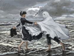 2boys apron barefoot beach bird black_boots boots cloud cloudy_sky couple covered_face crossdressing dress ghost_costume grey_sky highres maid maid_apron maid_headdress male_focus male_maid minahamu multiple_boys ocean original short_hair sky waves yaoi