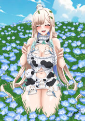 1girl absurdres animal animal_on_head bird bird_on_head blue_flower breasts cleavage closed_eyes clothing_cutout cloud colored_tips cosplay dress flower goddess_of_victory:_nikke grass green_hair grey_hair highres hikanari_hina kneeling leaf leaf_on_head long_hair meadow multicolored_hair navel_cutout on_head open_mouth phase_connect pointy_ears ramiki_(ramesgoag) ribbed_dress signature sky sleeveless sleeveless_dress smile sweater sweater_dress trina_(nikke) trina_(nikke)_(cosplay) virtual_youtuber