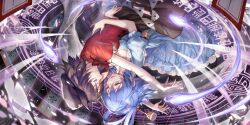 2girls :d blue_dress blue_eyes blue_hair breasts closed_eyes commentary dress drill_hair english_commentary flower game_cg hair_ornament hair_rings hair_stick hat hat_ornament highres hitodama jiangshi kaku_seiga looking_at_another magic_circle medium_breasts miyako_yoshika multiple_girls newsboy_cap official_art ofuda okuma_mai open_mouth parted_lips pink_flower profile purple_hair red_shirt shirt short_hair short_sleeves smile star_(symbol) star_hat_ornament third-party_source touhou touhou_lostword translation_request twin_drills upside-down
