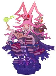 1girl animal_hat bird birdcage black_dress book book_stack bookshelf cage cape closed_mouth dragon dragon:_marked_for_death dress fire floating floating_book floating_object frilled_sleeves frills full_body hat head_head highres holding holding_book holding_wand inti_creates library long_hair long_sleeves looking_at_viewer magic multicolored_hair nakayama_tooru official_art open_book pink_eyes pink_hair shoes sidelocks sitting solo standing striped_clothes striped_thighhighs thighhighs transparent_background two-tone_hair wand white_hair wide_sleeves witch witch_(dmfd) witch_hat zettai_ryouiki