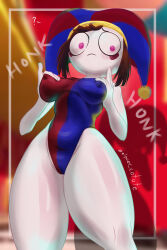 Rule 34 | 1girl, absurdres, breasts, elpuer cotote, hat, highleg, highleg leotard, highres, jester, jester cap, leotard, nippleless clothes, nipples, pomni (the amazing digital circus), self-upload, shiny skin, small areolae, the amazing digital circus, wide hips