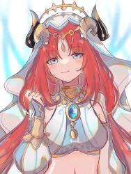 1girl bare_shoulders black_horns blue_eyes blush chinese_commentary closed_mouth commentary_request crop_top gem genshin_impact gold grey_horns hand_up head_chain headscarf highres horns jewelry light_smile long_hair looking_at_viewer midriff nilou_(genshin_impact) parted_bangs red_hair solo upper_body zhuji350