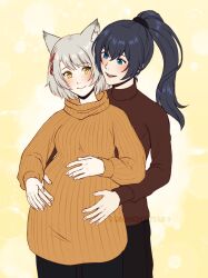 adricarra animal_ears black_hair black_hairband black_pants blue_eyes blush braid cat_ears couple hairband highres mio_(xenoblade) misscherrylle noah_(xenoblade) pants ponytail pregnant short_hair silver_hair smile sweater xenoblade_chronicles_(series) xenoblade_chronicles_3 yellow_eyes