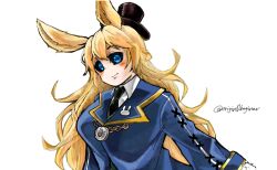 1girl black_hat black_sclera blonde_hair blue_coat blue_eyes breasts closed_mouth coat colored_sclera grimms_echoes hat large_breasts rabbit_girl reabbit_ears smile solo source_request top_hat twitter_username upper_body void_white_rabbit_(grimms_echoes) ya-don