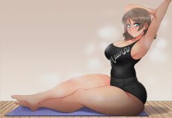 1girl absurdres armpits ass blue_eyes breasts brown_hair cleavage grey_hair highres led103 looking_at_viewer love_live! love_live!_sunshine!! short_hair sitting solo steam thighs watanabe_you