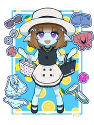 1girl :d alt_text aqua_bikini aqua_shoes aqua_skin artist_name bag bead_bracelet beads bikini black_bra black_shirt black_shoes black_trim blue_background blue_shorts blunt_bangs bra bracelet brown_hair chibi colored_skin commentary_request dragon_quest dragon_quest_x fins fish_girl flower food food_print frilled_bikini frills front-tie_top fruit fruit_print hat head_fins hibiscus high_heels highres jewelry lemon lemon_print lemon_slice looking_up medium_hair necklace nikon_(user_aznh7528) open_mouth pink_flower purple_eyes red_flower red_shirt shirt shoes shopping_bag shorts skirt sleeveless sleeveless_shirt smile solo sunglasses swimsuit underwear unworn_bikini unworn_bra unworn_bracelet unworn_eyewear unworn_shirt unworn_shorts weddie_(dq10) white_background white_hat white_skirt