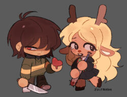 1girl 1other animal_ears antlers baseball_bat black_eyes black_hood blonde_hair brown_hair brown_pants chibi chibi_only closed_mouth commentary deer_antlers deer_ears deer_girl deltarune furry furry_female green_sweater grey_background hashtag-only_commentary heart holding holding_baseball_bat holding_heart holding_knife hooves horns jxitrash knife kris_(deltarune) long_hair noelle_holiday open_mouth pants red_eyes short_hair signature striped_clothes striped_sweater sweater tears