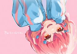 1girl :d blue_bow blush bow crying crying_with_eyes_open earrings hair_bow hair_ornament hairclip highres jacket jewelry kyu-kurarin_(cevio) looking_at_viewer nogiro_(usa_ru) ootori_kokona open_mouth pink_background pink_hair red_eyes short_hair sleeves_past_wrists smile solo tears upper_body virtual_youtuber world_dai_star