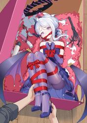 1boy 1girl absurdres ankle-strap_heels ass ball_gag bare_shoulders bdsm black_shirt blue_archive blue_gemstone bondage bound bound_arms bound_legs bound_toes bound_torso box bracelet cleave_gag clenched_hand clenched_hands cloth_gag collarbone demon_horns demon_wings detached_sleeves dildo dress earrings elbow_gloves feet feet_up female_focus flat_chest frilled_dress frills full_body gag gagged gem gift gift_box gloves hair_between_eyes hair_ribbon halo high_heels highres hina_(blue_archive) hina_(dress)_(blue_archive) hitachi_magic_wand holding_another&#039;s_foot horns huge_filesize improvised_bondage improvised_gag indoors jewelry layered_dress legs legs_together loli long_hair long_sleeves looking_ahead looking_at_another looking_to_the_side low_wings multiple_horns necklace official_alternate_costume official_alternate_hairstyle panties pantyhose pearl_(gemstone) pearl_bracelet pearl_choker pearl_necklace pendant presenting purple_dress purple_gloves purple_hair purple_halo purple_panties purple_pantyhose removing_shoes ribbon ribbon_bondage sex_toy shibari shibari_over_clothes shirt sidelocks single_sidelock skin_tight skindentation sleeves_rolled_up strapless strapless_dress swept_bangs swept_hair t_zhonglang thighs underwear upskirt vibrator whip white_hair wide-eyed wings wooden_floor wrists_tied_together