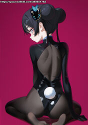 1girl absurdres black_gloves black_hair black_leotard black_pantyhose blue_archive bodystocking butterfly_hair_ornament double_bun fake_tail from_behind gloves grey_eyes hair_bun hair_ornament highres kisaki_(blue_archive) leotard long_hair looking_back momobug22 no_shoes pantyhose profile rabbit_tail red_background sitting solo tail