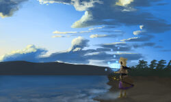 Rule 34 | 1girl, absurdres, barefoot, beach, belt, black belt, blonde hair, blue sky, brown shirt, cloud, commentary request, day, earmuffs, from behind, full body, highres, magic, mountainous horizon, outdoors, purple skirt, ritsuzou, scenery, shirt, short hair, skirt, sky, sleeveless, sleeveless shirt, solo, sunrise, touhou, toyosatomimi no miko, tree, water