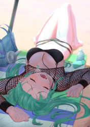1girl absurdres bag barefoot beach beach_towel beach_umbrella between_breasts bikini black_bikini blush breasts breath closed_eyes electric_fan fishnet_top fishnets forehead green_hair highres hot knees_up large_breasts limit_(lim_no_sabuaka) long_hair long_sleeves lying multi-strapped_bikini navel nose_blush on_back open_mouth outstretched_arms shrug_(clothing) solo spread_arms sweat swimsuit towel twintails umbrella very_long_hair virtual_youtuber vspo! wavy_mouth yakumo_beni