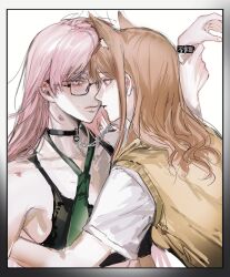 2girls bang_dream! bang_dream!_it&#039;s_mygo!!!!! bite_mark_on_lip black_bra black_collar blush bra brown_hair brown_sweater chain chihaya_anon chinese_commentary collar commentary_request cosplay costume_switch eye_contact glasses green_necktie haneoka_school_uniform hickey highres holding_another&#039;s_wrist leash long_hair looking_at_another multiple_girls nagasaki_soyo necktie pink_hair school_uniform shirt sidelocks siy_(shengxiu760722) sweatdrop sweater underwear upper_body watermark weibo_watermark white_shirt witch yuri