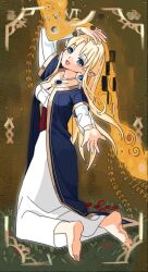 1girl barefoot blonde_hair blue_eyes elf highres looking_at_viewer mabinogi on_grass pointy_ears portia_(mabinogi) see-through_clothes see-through_sleeves wangjajikk28262