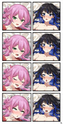 2girls :o ? black_hair blue_hair blush border breasts breath collarbone commentary_request green_eyes hand_up heart highres implied_sex long_hair min_(myna8247) multicolored_hair multiple_girls nude open_mouth original pink_hair raised_eyebrows rolling_eyes signature smile trembling two-tone_hair white_border