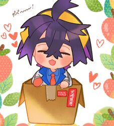 1boy :d ahoge black_hair blue_shirt blush box cardboard_box chibi chibi_only closed_eyes collared_shirt commentary_request crossed_bangs gloves hair_between_eyes hairband happy heart highres in_box in_container jacket kieran_(pokemon) long_sleeves male_focus mofumofuyarou mole mole_on_neck necktie nintendo open_mouth pokemon pokemon_sv red_necktie shirt single_glove smile solo translation_request white_background yellow_hairband