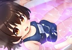 1girl adversarial_noise akagi_miria bathtub blue_one-piece_swimsuit blush breasts brown_eyes brown_hair cameltoe cedar_(cedar_japonica) commentary_request idolmaster idolmaster_cinderella_girls looking_at_viewer name_tag one-piece_swimsuit open_mouth paid_reward_available partially_submerged school_swimsuit small_breasts solo swimsuit variant_set