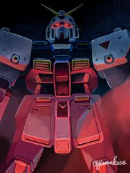 Rule 34 | artist name, feet out of frame, glowing, glowing eyes, gundam, gundam 0080, gundam alex, highres, looking at viewer, mecha, mecha focus, mobile suit, no humans, red eyes, robot, science fiction, smoke, solo, standing, twitter username, v-fin, yatta kita