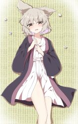 1girl blush breasts brown_eyes clenched_hands collarbone corrupted_twitter_file dice highres light_brown_hair looking_at_viewer lotus_eaters lying medium_breasts momitoekk on_back short_hair solo tatami touhou toyosatomimi_no_miko wide_sleeves
