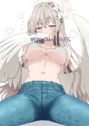 1girl absurdres adversarial_noise alternate_costume angel_wings bare_arms bare_shoulders bikini bikini_top_only blue_archive blue_pants blush braid breasts brown_hair casual collarbone commentary covering_own_mouth crown_braid denim feathered_wings flower flying_sweatdrops hair_between_eyes hair_flower hair_ornament halo highres jeans large_breasts long_hair looking_at_viewer low_wings nagisa_(blue_archive) navel no_shirt on_floor pants pink_flower pink_halo simple_background sitting solo spread_legs steam striped_bikini striped_clothes sweatdrop swimsuit twitter_username very_long_hair white_background white_bikini white_flower white_wings wings yamano_rokamizu yellow_eyes
