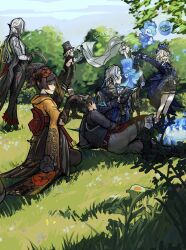 3boys 4girls animal_ears annoyed arlecchino_(genshin_impact) black_hair blonde_hair blue_hair book bubble cake cake_slice cat_ears cat_girl cat_tail chiori_(genshin_impact) closed_mouth coat day detached_sleeves djang0art familiar food furina_(genshin_impact) genshin_impact gentilhomme_usher gloves grass grey_hair hair_ornament hair_stick hat highres holding holding_book japanese_clothes kimono long_hair long_sleeves looking_at_another low_ponytail lying lynette_(genshin_impact) lyney_(genshin_impact) mademoiselle_crabaletta multicolored_hair multiple_boys multiple_girls neuvillette_(genshin_impact) on_grass on_ground on_side open_book open_mouth outdoors pants picnic ponytail reading shirt short_hair shorts sitting smile standing surintendante_chevalmarin tail top_hat two-tone_hair very_long_hair white_hair wriothesley_(genshin_impact)