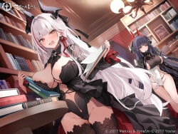 2girls admiral_zenker_(azur_lane) alvitr_(azur_lane) artist_request azur_lane black_hair black_horns black_leotard black_thighhighs book book_stack bookshelf breasts clipboard commentary_request copyright_name copyright_notice dutch_angle hair_intakes highleg highleg_leotard highres holding holding_book holding_clipboard horns indoors large_breasts leotard library multiple_girls navel open_mouth red_horns second-party_source showgirl_skirt sideboob thighhighs too_many too_many_books white_hair white_leotard