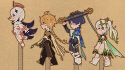2boys 2girls absurdres aether_(genshin_impact) ahoge arm_at_side armlet armor belt black_belt black_boots black_bridal_gauntlets black_cape black_eyes black_leggings black_shorts blonde_hair blue_cape blue_gemstone blue_hat blue_sleeves blunt_ends blush boots bridal_gauntlets brown_halo brown_outline brown_pants brown_shirt cape cardboard_cutout closed_eyes closed_mouth cropped_shirt detached_sleeves diamond_hair_ornament dress earrings eyelashes eyeliner eyeshadow facing_another facing_to_the_side feathers floating from_side gem genshin_impact gold gold_ring gold_trim green_cape green_hair green_sleeves hair_ornament hakama hakama_shorts halo hand_up hat heart heart_hair_ornament highres japanese_armor japanese_clothes jewelry jingasa kote kurokote layered_sleeves leg_warmers leggings levitation long_hair looking_at_another looking_to_the_side low-braided_long_hair low-tied_long_hair makeup mechanical_halo miaoyeza233 mid-stride middle_ring multicolored_hair multiple_boys multiple_girls nahida_(genshin_impact) open_hand open_mouth outline paimon_(genshin_impact) pants pauldrons pleated_shorts pointy_ears pom_pom_(clothes) profile purple_eyes purple_hair purple_rope purple_sash red_eyeliner red_eyeshadow rope sash scaramouche_(genshin_impact) scarf shirt shoes short_hair short_hair_with_long_locks short_sleeves shorts shoulder_armor side_ponytail sidelocks sideways_mouth single_pauldron single_thighhigh smile socks stirrup_footwear stirrup_legwear streaked_hair tassel thighhighs toeless_legwear vambraces vision_(genshin_impact) wanderer_(genshin_impact) white_cape white_dress white_hair white_leg_warmers white_romper white_scarf white_shoes white_sleeves white_socks white_thighhighs white_trim yellow_eyes yellow_feathers