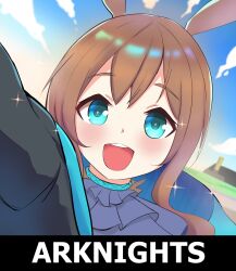 1girl amiya_(arknights) animal_ears arknights arm_up ascot blue_eyes brown_hair copyright_name dutch_angle highres kelsuis long_hair looking_at_viewer open_mouth parody purple_ascot rabbit_ears rabbit_girl solo sparkle umamusume