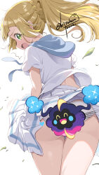 1girl :o ass blonde_hair blue_sailor_collar censored censored_ass commission convenient_censoring cosmog creatures_(company) floating_hair game_freak gen_7_pokemon green_eyes high_ponytail highres kitahara_tomoe_(kitahara_koubou) leaf legendary_pokemon lillie_(pokemon) miniskirt nintendo novelty_censor panties pixiv_commission pokemon pokemon_(creature) pokemon_sm ponytail sailor_collar shirt signature simple_background skirt thighs underwear upskirt white_background white_panties white_shirt wind wind_lift