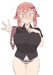 Rule 34 | 1girl, absurdres, bat hair ornament, black shirt, blush, breasts, closed mouth, gabriel dropout, hair ornament, hair ribbon, highres, large breasts, looking at viewer, necktie, nervous, panties, red eyes, red hair, ribbon, satanichia kurumizawa mcdowell, shirt, simple background, solo, striped clothes, striped panties, sweat, underwear, white background, zlix0n