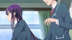 1boy 1girl animated anime_screenshot ass bent_over black_hair blue_jacket breasts buttjob buttjob_over_clothes dry_humping hair_ribbon haite_kudasai_takamine-san highres huge_ass humping jacket large_breasts long_hair long_sleeves purple_hair red_eyes ribbon school_uniform shirota_takashi shirt sidelocks skirt smile sound tagme takamine_takane thighs video white_ribbon white_shirt