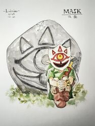 1boy 2024 boots bracelet fairy gossip_stone grass hat highres interlocked_fingers jewelry link mask mask_of_truth nana_mochi777 navi nintendo painting_(medium) pointy_ears shield shield_on_back sitting solo sword the_legend_of_zelda the_legend_of_zelda:_ocarina_of_time traditional_media tunic watercolor_(medium) weapon