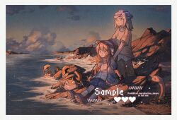 1boy 1girl alternate_costume bandana blonde_hair blue_bandana blue_eyes blue_hair blue_hairband blue_jacket blue_shorts border brown_hair brown_pants brown_shoes collared_shirt crab creatures_(company) full_body game_freak gen_1_pokemon grusha_(pokemon) hairband hands_on_another&#039;s_shoulders highres jacket krabby long_hair looking_to_the_side multicolored_hair nintendo ocean outdoors pants pokemon pokemon_(creature) pokemon_sv ponytail ribbon robinlovesop shirt shoes shorts sitting socks standing sweater two-tone_hair white_border white_ribbon white_shirt white_socks wiglett yellow_sweater