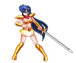 1girl armor armored_boots asou_yuuko bandana bikini bikini_armor blue_eyes blue_hair boots breasts cleavage commentary_request full_body gold gold_armor gold_bikini gold_boots holding holding_sword holding_weapon knee_boots long_hair lowres medium_breasts miniskirt mugen_senshi_valis pixel_art red_bandana shoulder_armor shoulder_pads skirt solo standing swimsuit sword transparent_background valis vambraces very_long_hair vibrato weapon white_skirt