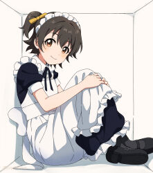 1girl akagi_miria alternate_costume black_ribbon black_shoes black_socks box brown_eyes brown_hair closed_mouth commentary_request crossed_legs dot_nose hair_between_eyes hands_on_own_knees highres idolmaster idolmaster_cinderella_girls in_box in_container looking_at_viewer maid maid_headdress mary_janes ribbon shoes sitting smile socks solo twitter_username two_side_up yellow_ribbon yuyohe