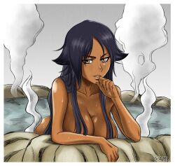 1girl artist_name bare_shoulders bleach breasts collarbone commentary dark-skinned_female dark_skin english_commentary female_focus hair_down hand_on_own_chin hanging_breasts ivizard_art93 large_breasts leaning_forward long_hair onsen parted_bangs parted_lips partially_submerged purple_hair rock shihouin_yoruichi simple_background steam teeth water wet yellow_eyes