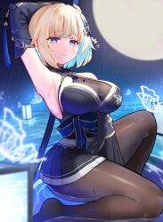 1girl aizawa_ema aizawa_ema_(5th_costume) animal_print arm_up armpits bare_shoulders black_dress black_pantyhose blonde_hair blue_eyes blue_hair blush breasts butterfly_hair_ornament butterfly_print cleavage colored_inner_hair commentary_request detached_sleeves dress full_moon furrowed_brow gold_trim hair_ornament halter_dress halterneck highres holding holding_sheath holding_sword holding_weapon japanese_clothes lantern large_breasts long_sleeves moon moonlight multicolored_hair night night_sky nokonata obi outdoors pantyhose print_dress rain sash scabbard see-through_cleavage see-through_clothes shallow_water sheath sitting sky sleeveless sleeveless_dress smile star_(sky) starry_sky sword tassel transparent_butterfly virtual_youtuber vspo! water weapon wet