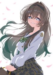 1girl black_hairband bow bowtie bright_pupils buttons commentary_request cowboy_shot double-breasted falling_petals firefly_(honkai:_star_rail) firefly_(spring_missive)_(honkai:_star_rail) from_side gradient_hair green_bow green_bowtie green_hair grey_hair grey_sailor_collar grey_skirt hair_intakes hairband highres honkai:_star_rail honkai_(series) long_hair long_sleeves looking_at_viewer looking_to_the_side multicolored_hair official_alternate_costume petals plaid_bow plaid_bowtie plaid_clothes plaid_skirt pleated_skirt purple_eyes sailor_collar seshirun shirt skirt solo two-tone_hair white_background white_shirt