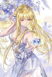 1girl bare_arms bare_shoulders belt blonde_hair blue_flower blue_rose breasts cleavage cowboy_shot crystal crystal_hair_ornament dress floating floating_object flower frozen hair_between_eyes hair_ornament hands_up highres ice icicle long_hair looking_at_object looking_down maria_(mermaid_melody_pichi_pichi_pitch) mermaid_melody_pichi_pichi_pitch parted_lips purple_eyes rose side_slit sleeveless sleeveless_dress smile solo white_dress xuchuan