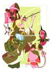 1girl absurdres alolan_form alolan_raichu arm_up bag blonde_hair blue_eyes border cccacademia character_name closed_mouth eyelashes facepaint gen_2_pokemon gen_6_pokemon gen_7_pokemon green_background highres holding holding_paintbrush klefki legendary_pokemon long_hair looking_up mina_(pokemon) mixed-language_commentary multicolored_hair nintendo off_shoulder paintbrush pants pink_hair pokemon pokemon_(creature) pokemon_sm ponytail ribombee shirt signature sketchbook smeargle tapu_fini tapu_lele two-tone_hair white_border