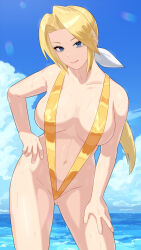 1girl blonde_hair blue_eyes blue_sky breasts closed_mouth cloud collarbone commentary_request dead_or_alive dot_nose eyelashes hand_on_own_hip hand_on_own_thigh helena_douglas highres horizon large_breasts looking_at_viewer medium_hair navel sky slingshot_swimsuit smile solo standing sweat swimsuit water yagi2013