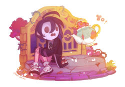 1boy allister_(pokemon) black_hair black_jacket commentary english_commentary full_body gen_1_pokemon gen_8_pokemon jacket littlelluu long_sleeves male_focus mask nintendo oddish plant pokemon pokemon_(creature) pokemon_swsh polteageist scared shoes short_hair signature sitting vines white_footwear